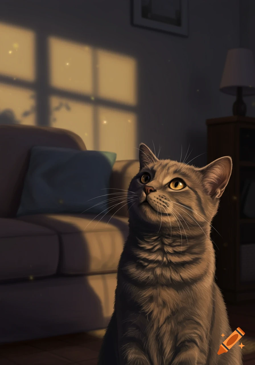 A detailed illustration of a grey tabby cat with yellow eyes looking up, bathed in warm sunlight indoors.