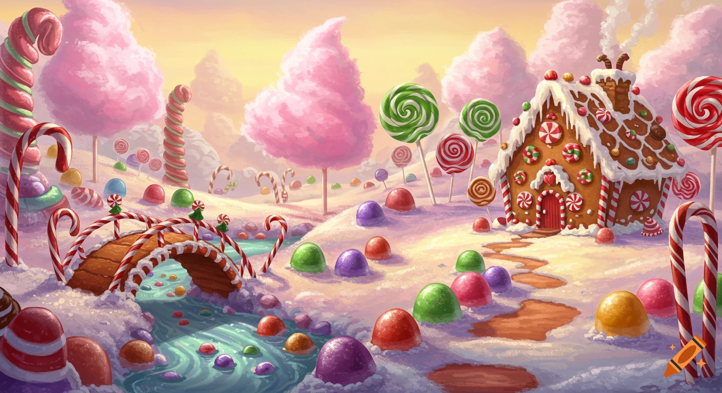 A whimsical candyland landscape illustration with a gingerbread house, candy cane bridge, gumdrops, lollipops, and cotton candy trees.
