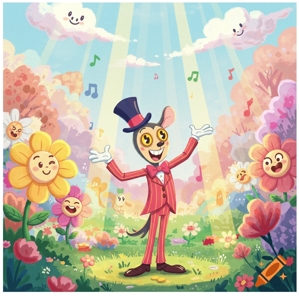 A whimsical cartoon illustration of a mouse-like character in a striped suit and top hat, singing in a sunny field with smiling flowers.