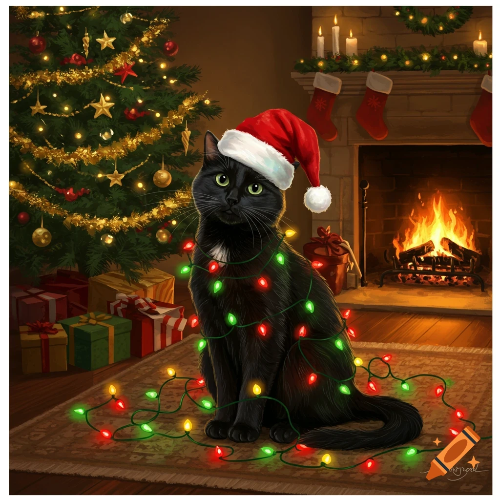 Black cat in a Santa hat, tangled in colorful Christmas lights, sits on a rug by a lit fireplace and decorated Christmas tree.