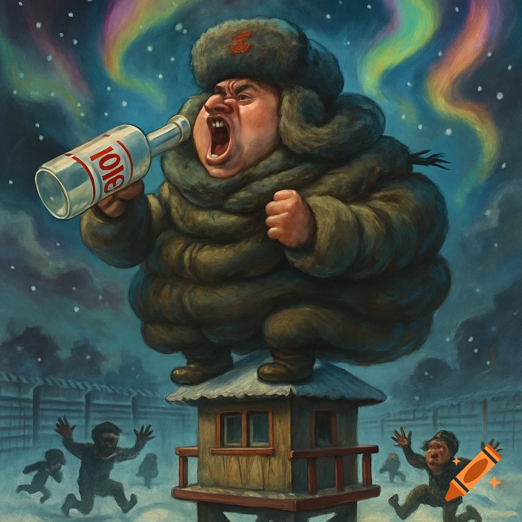 A caricatured Soviet guard sings into a vodka bottle on a watchtower while prisoners dance in a snowy gulag under aurora borealis.