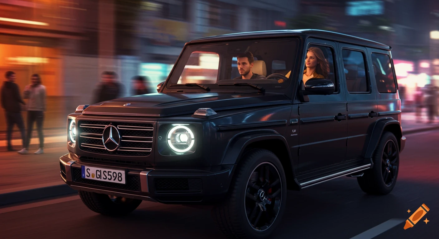Photorealistic image of a black Mercedes-Benz G-Wagen driving at night with a man and woman inside.