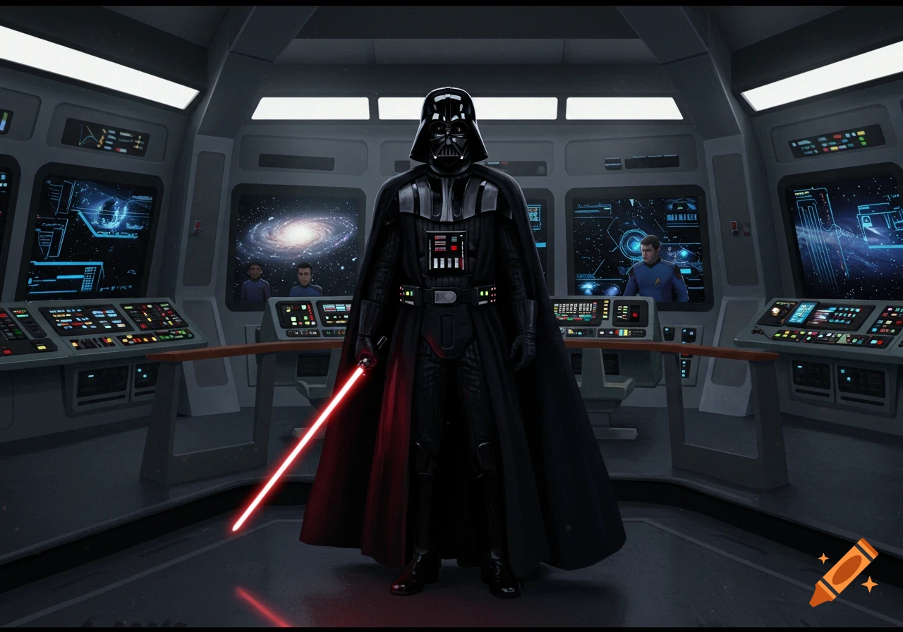 Darth Vader stands on a spaceship bridge with a red lightsaber, Starfleet crew members visible on screens.