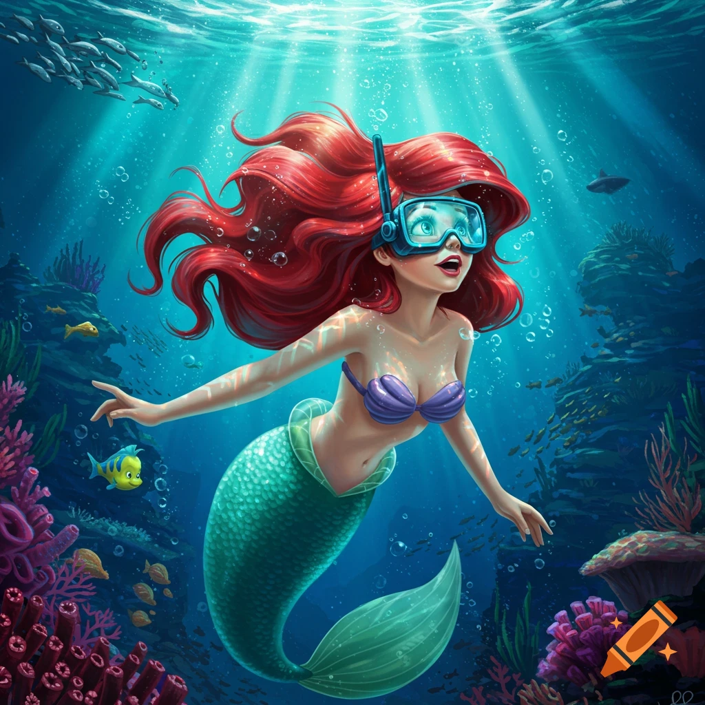 A red-haired mermaid with goggles and a seashell bra swims gracefully underwater among colorful coral and fish, with sunrays beaming.