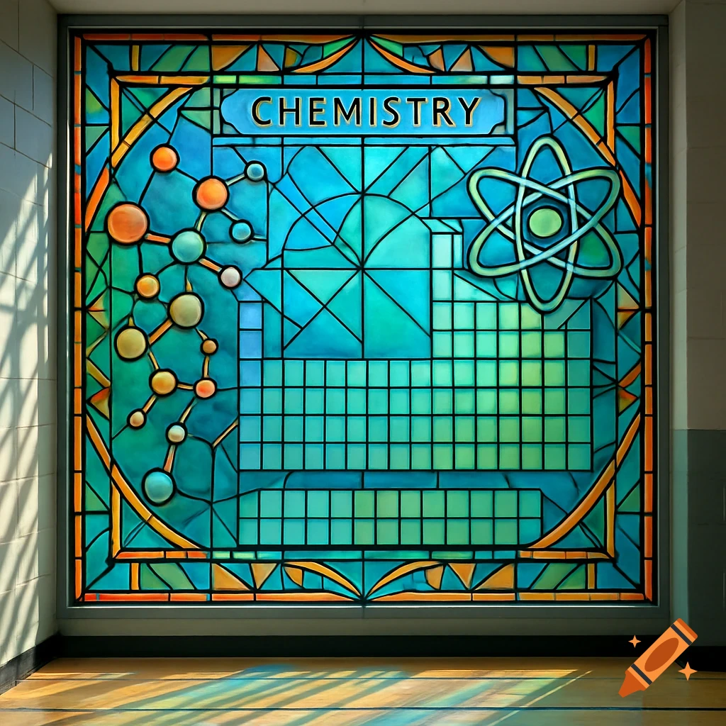 A vibrant stained glass window with chemistry motifs, featuring a molecular structure, atom, periodic table grid, and the word 'CHEMISTRY'.