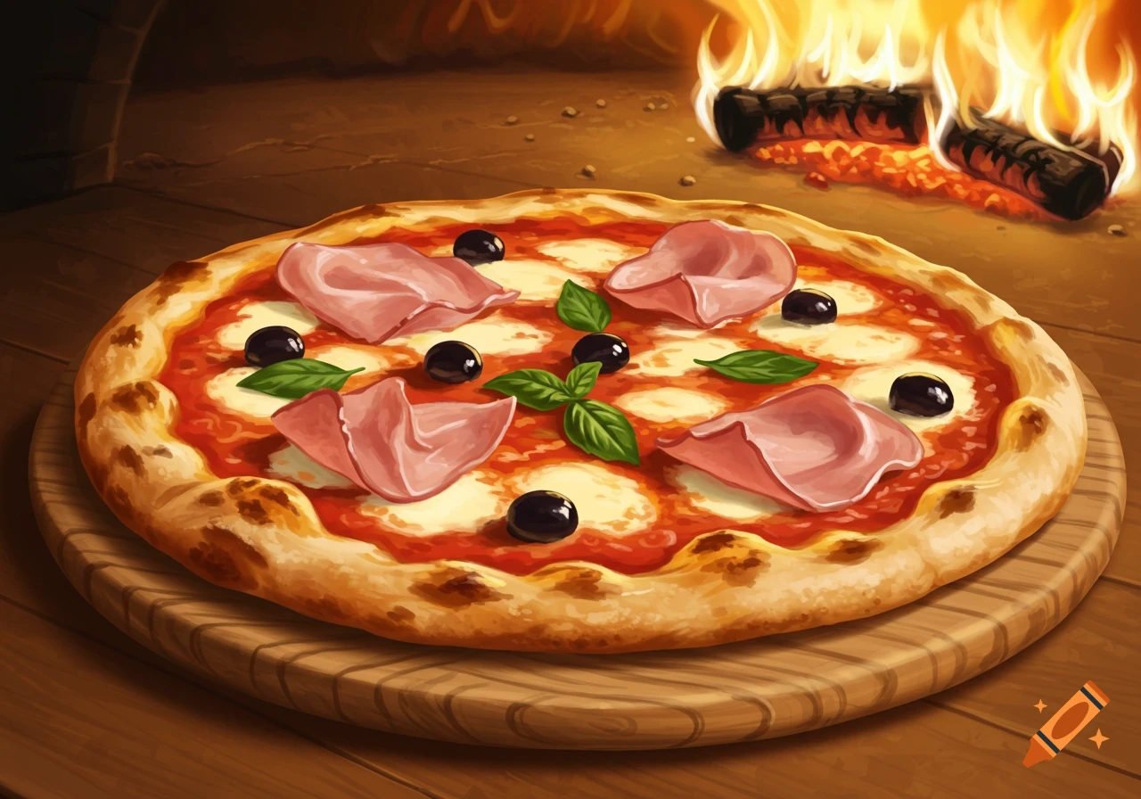 A wood-fired pizza with ham, black olives, and basil on a wooden board, in front of a burning oven.