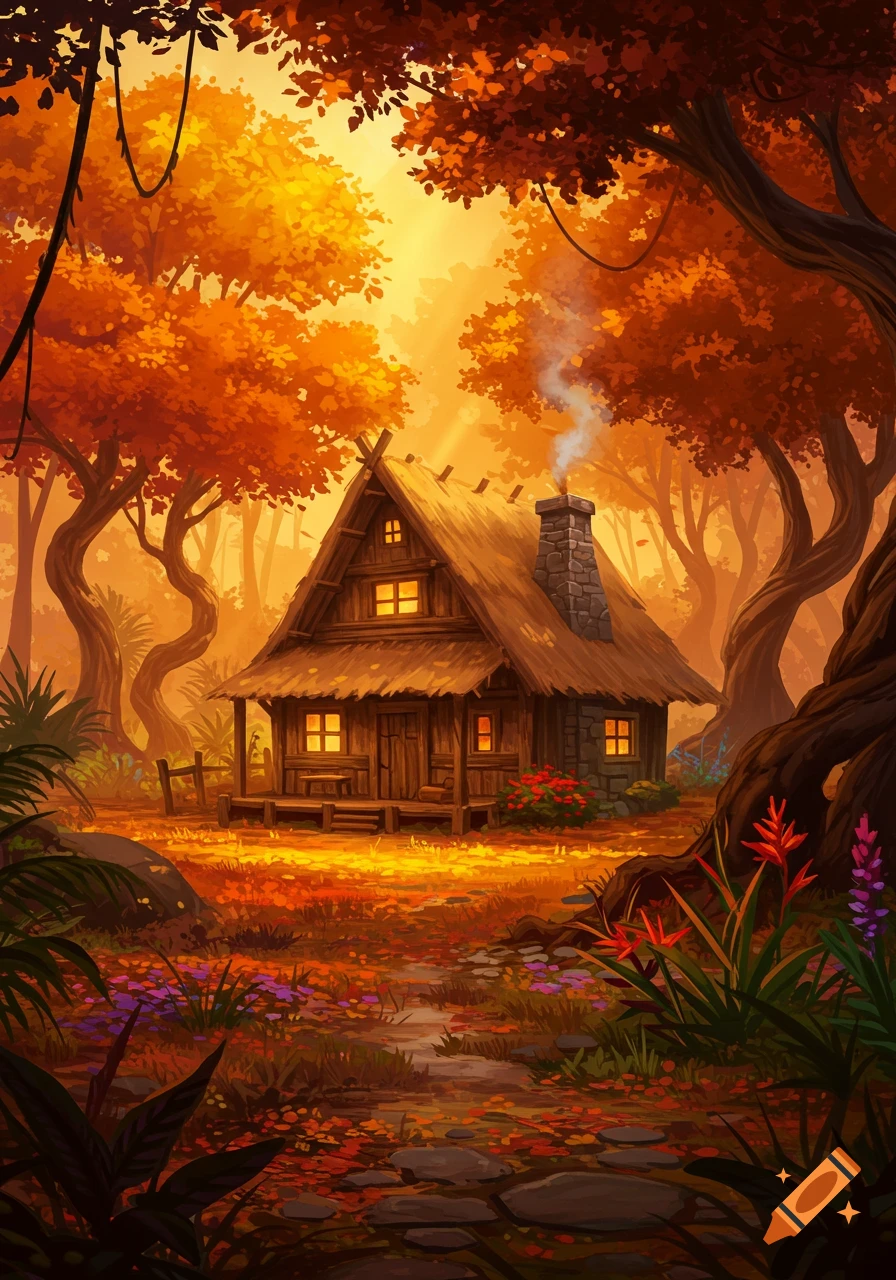 An illustration of a cozy wooden house with a smoking chimney nestled in a vibrant autumn forest with colorful foliage and glowing windows.