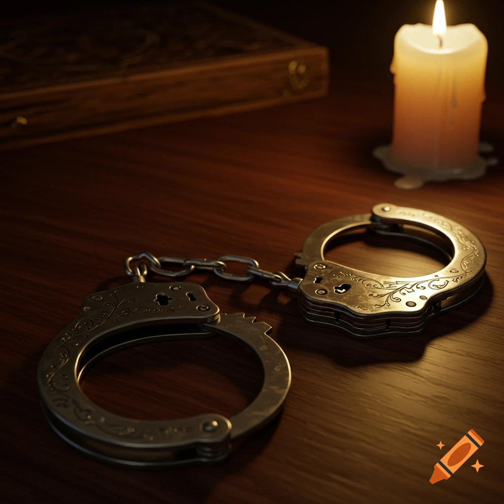 Ornate handcuffs, a book, and a lit candle on a dark wooden table in a dimly lit, atmospheric setting.