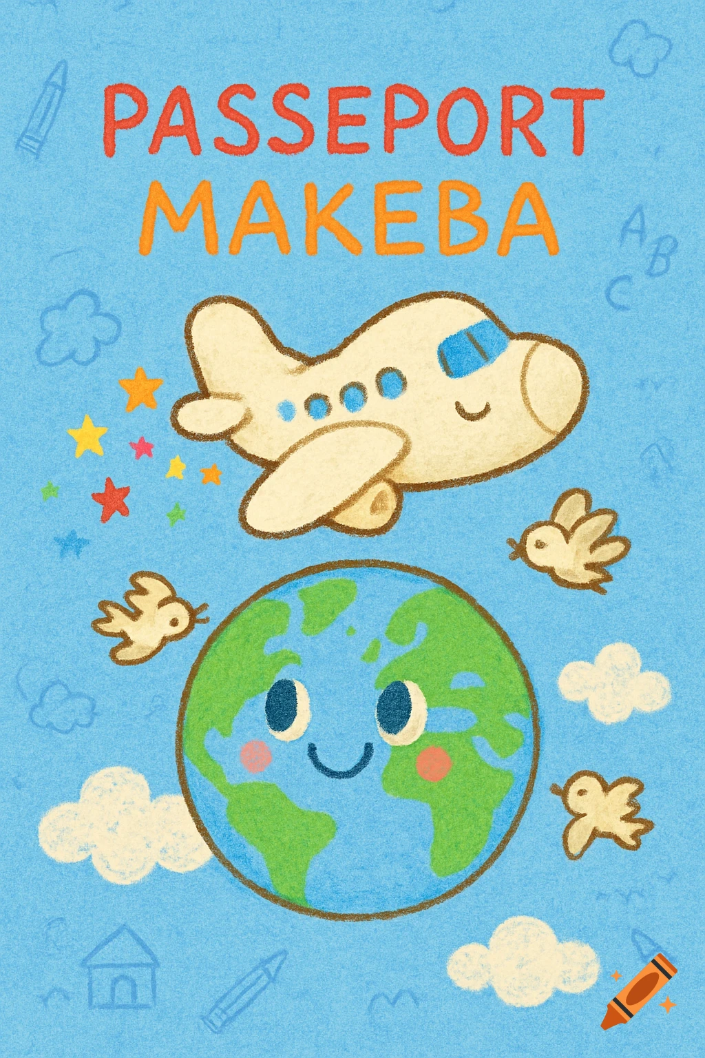 A colorful children's illustration featuring a cartoon airplane flying over a smiling Earth, surrounded by birds and stars, with 'PASSEPORT MAKEBA' written above.