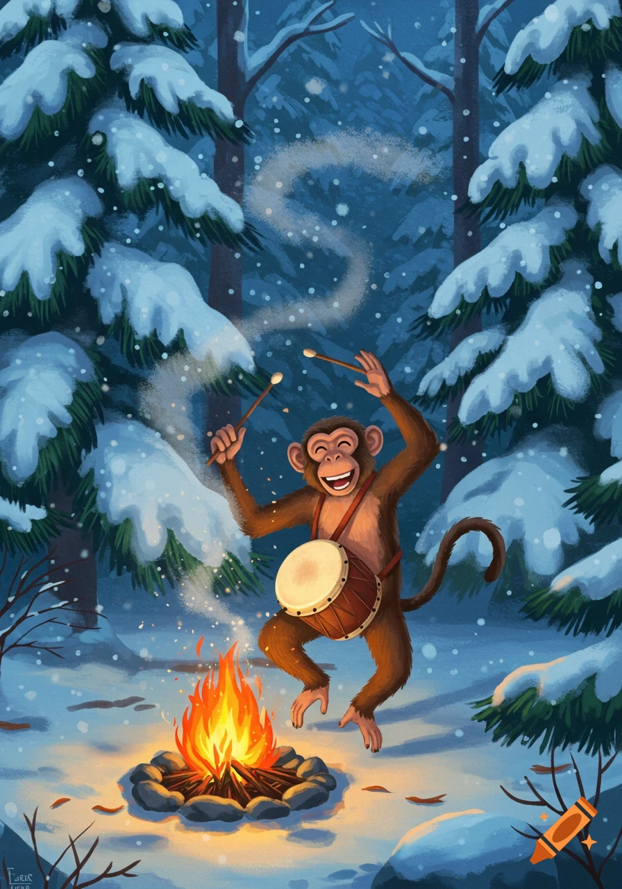A whimsical illustration of a happy monkey dancing around a campfire, playing a drum in a snowy evergreen forest.