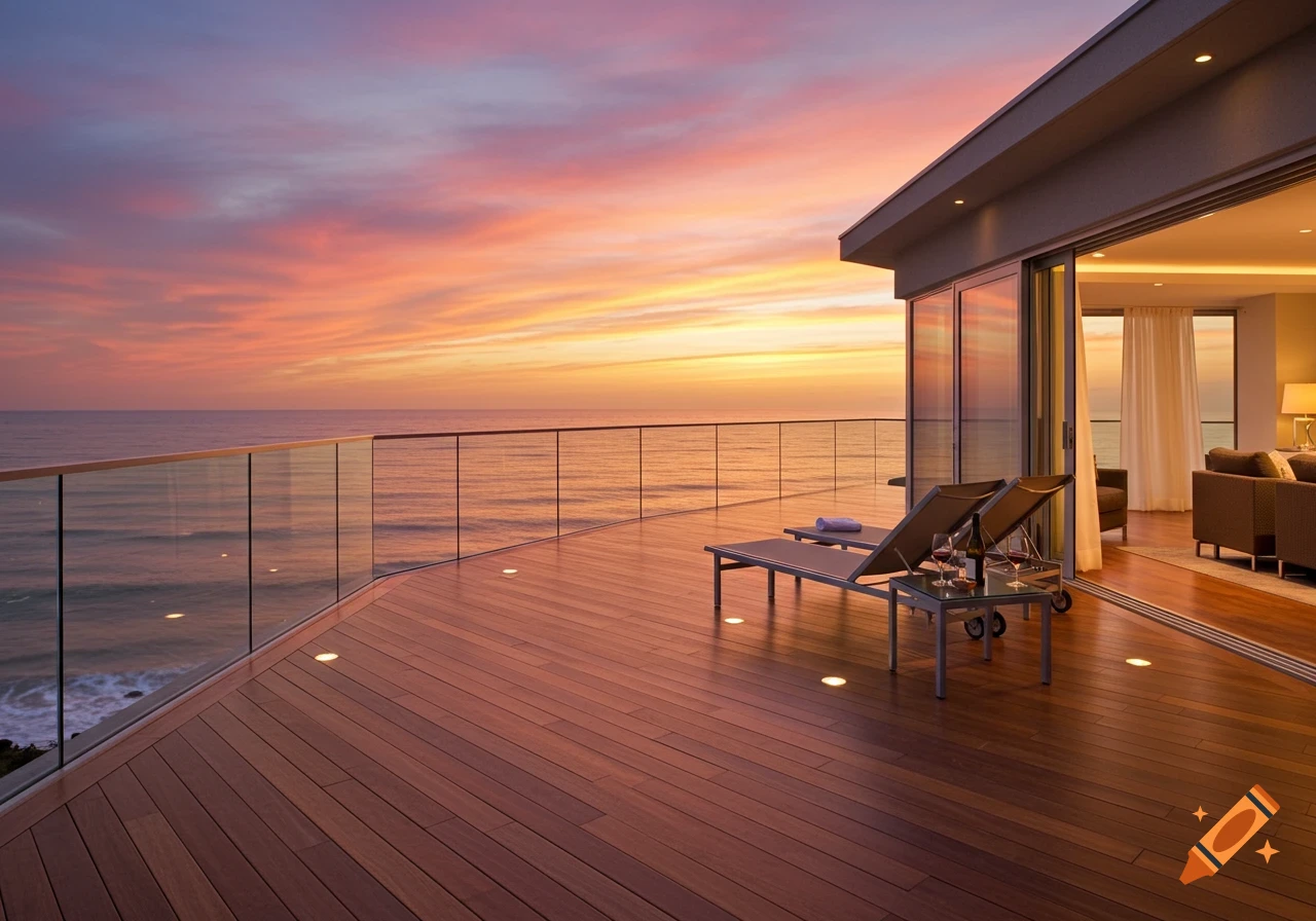 A luxury beach house deck with lounge chairs overlooking the ocean at a vibrant sunset.