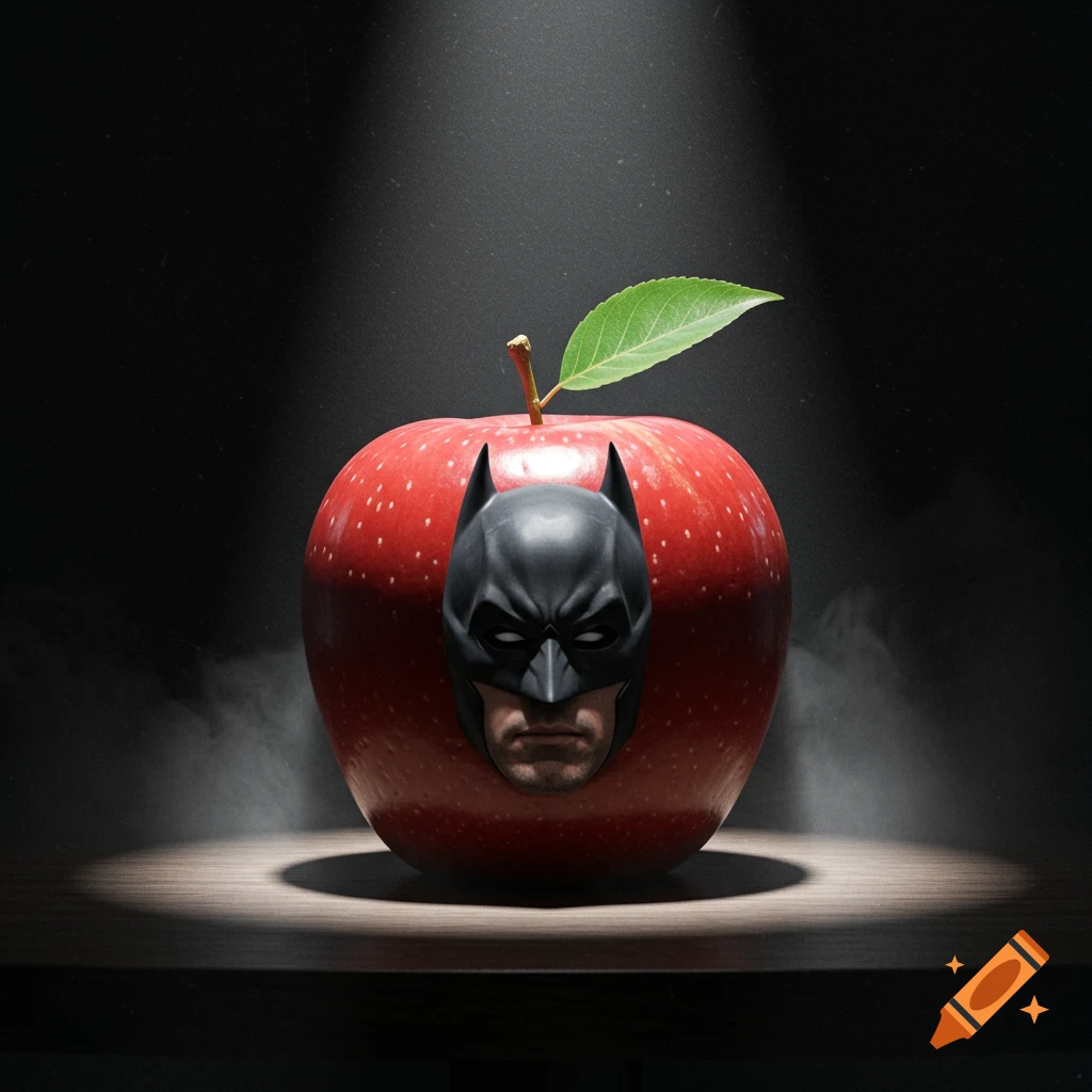Photorealistic image of a red apple with a Batman mask and human face embedded, spotlighted against a dark background.
