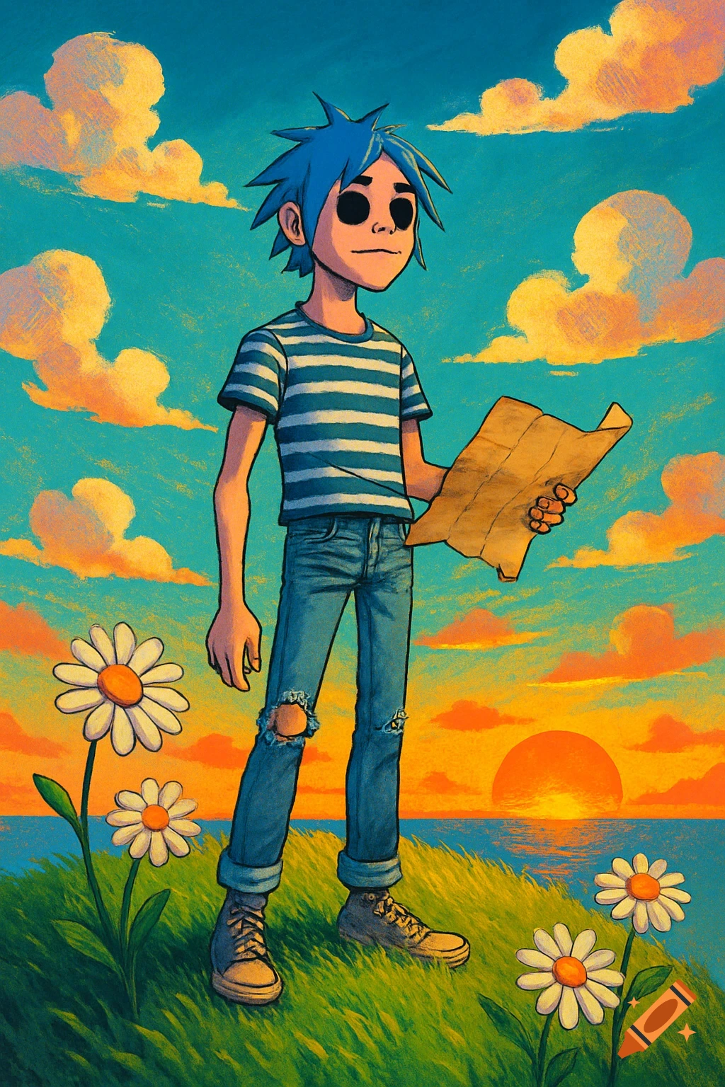 Cartoon character 2-D with blue spiky hair stands on a grassy hill overlooking the ocean at sunset, holding a map, with daisies.