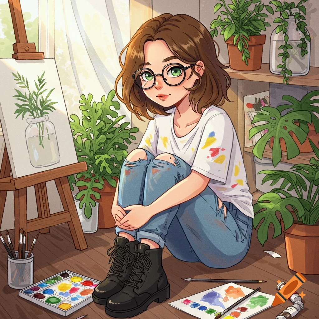 Cartoon young woman with glasses sits in an art studio with plants, wearing a paint-stained shirt, surrounded by art supplies.