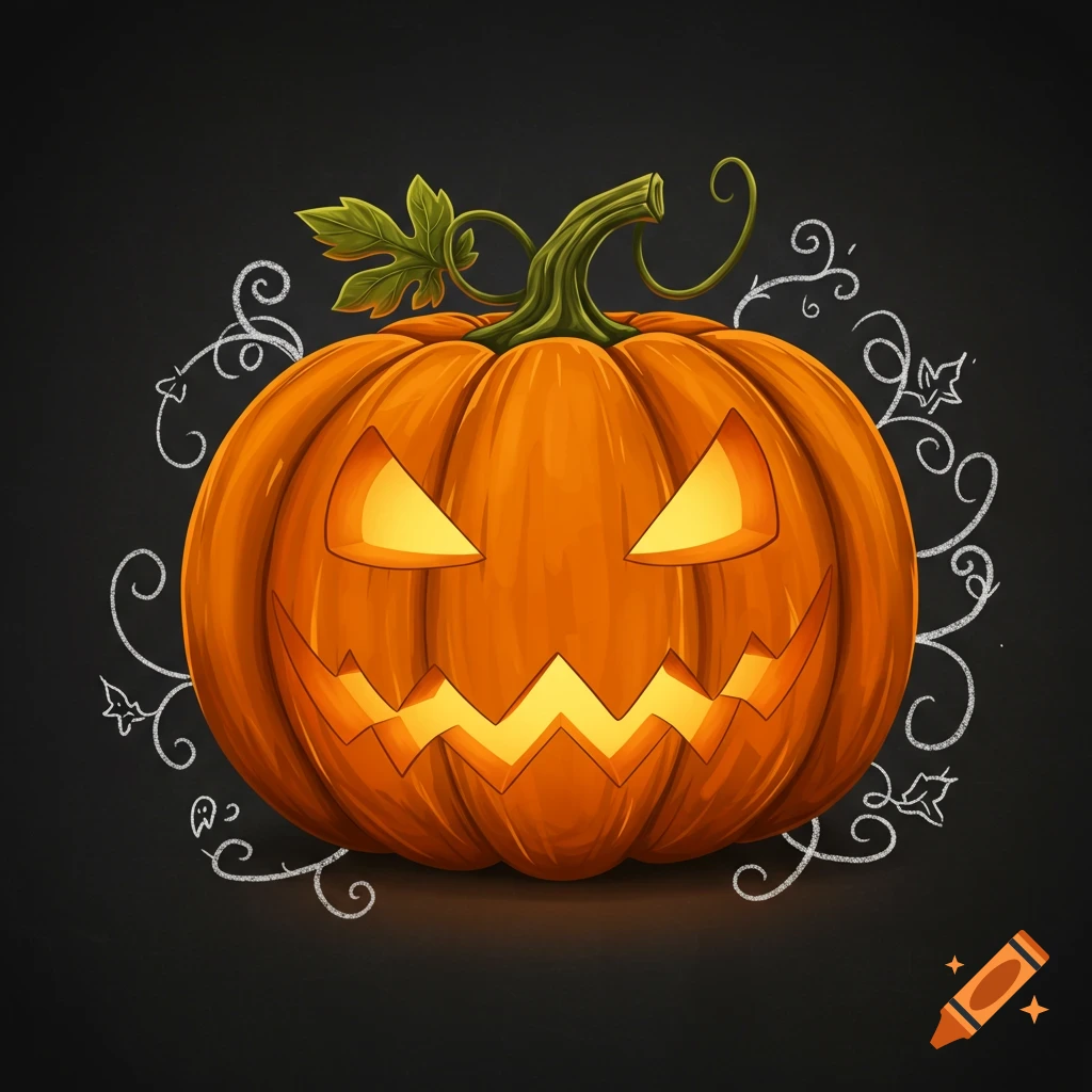An orange jack-o'-lantern with glowing eyes and a jagged smile on a black background with white chalk-like swirls.
