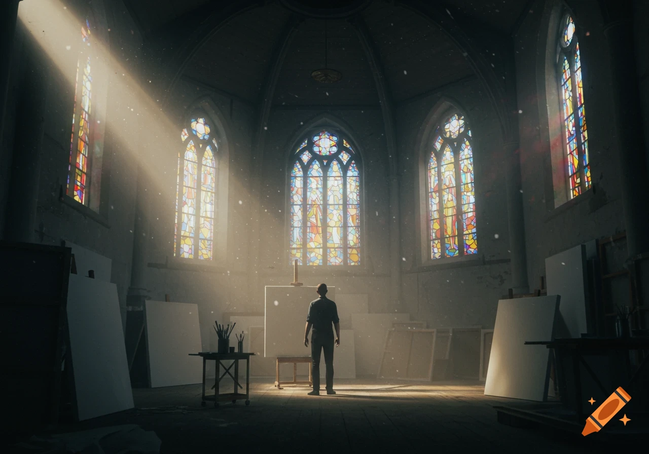A person stands before an easel in a grand hall with stained glass windows and dust motes illuminated by sunlight.