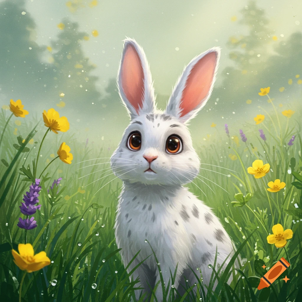 A cute white rabbit with large brown eyes and grey spots sits in a field of green grass with yellow and purple wildflowers, illustration.