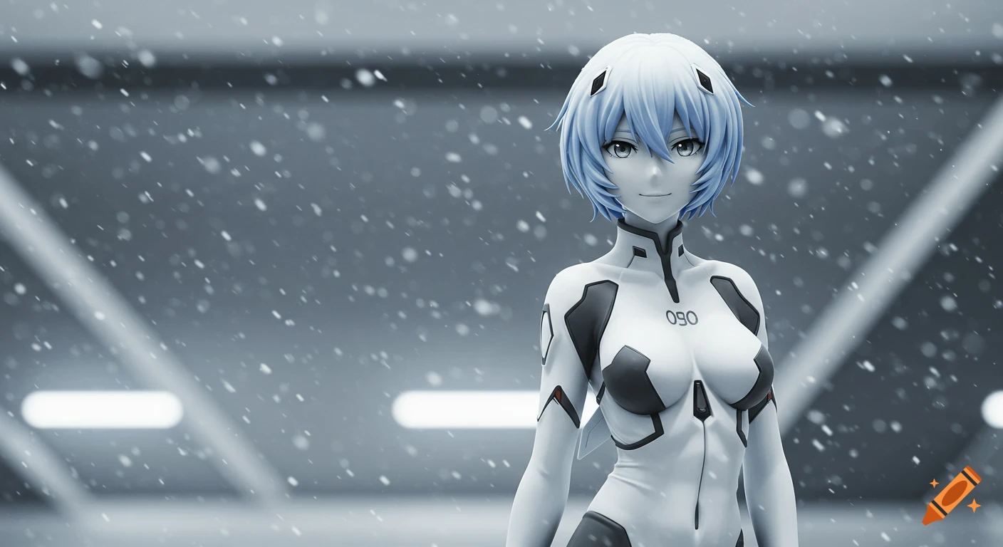 Anime girl with short blue hair in a white and black futuristic suit stands in falling snow against a blurred grey background.