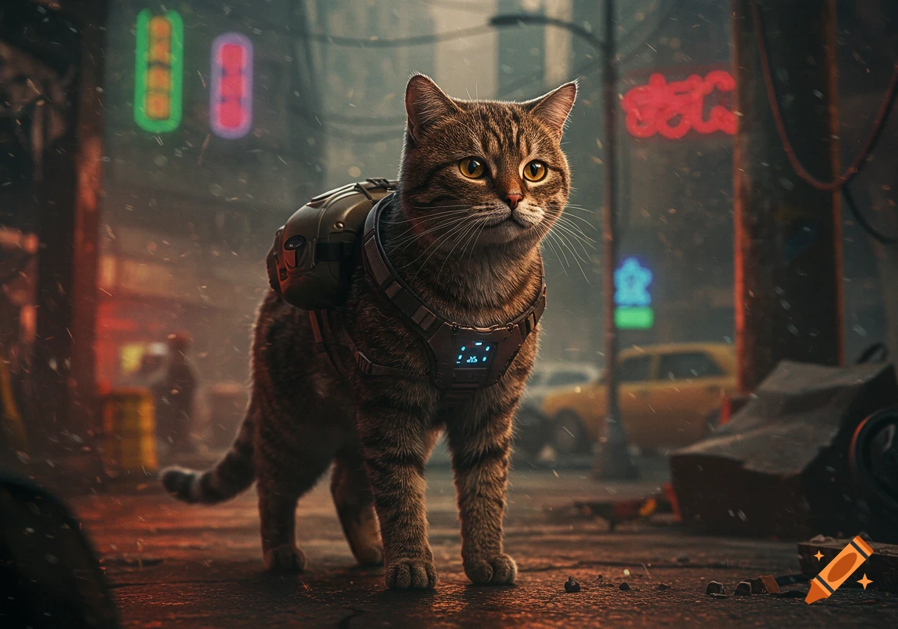 A brown tabby cat wearing a futuristic harness and backpack stands in a rainy, neon-lit dystopian city street.