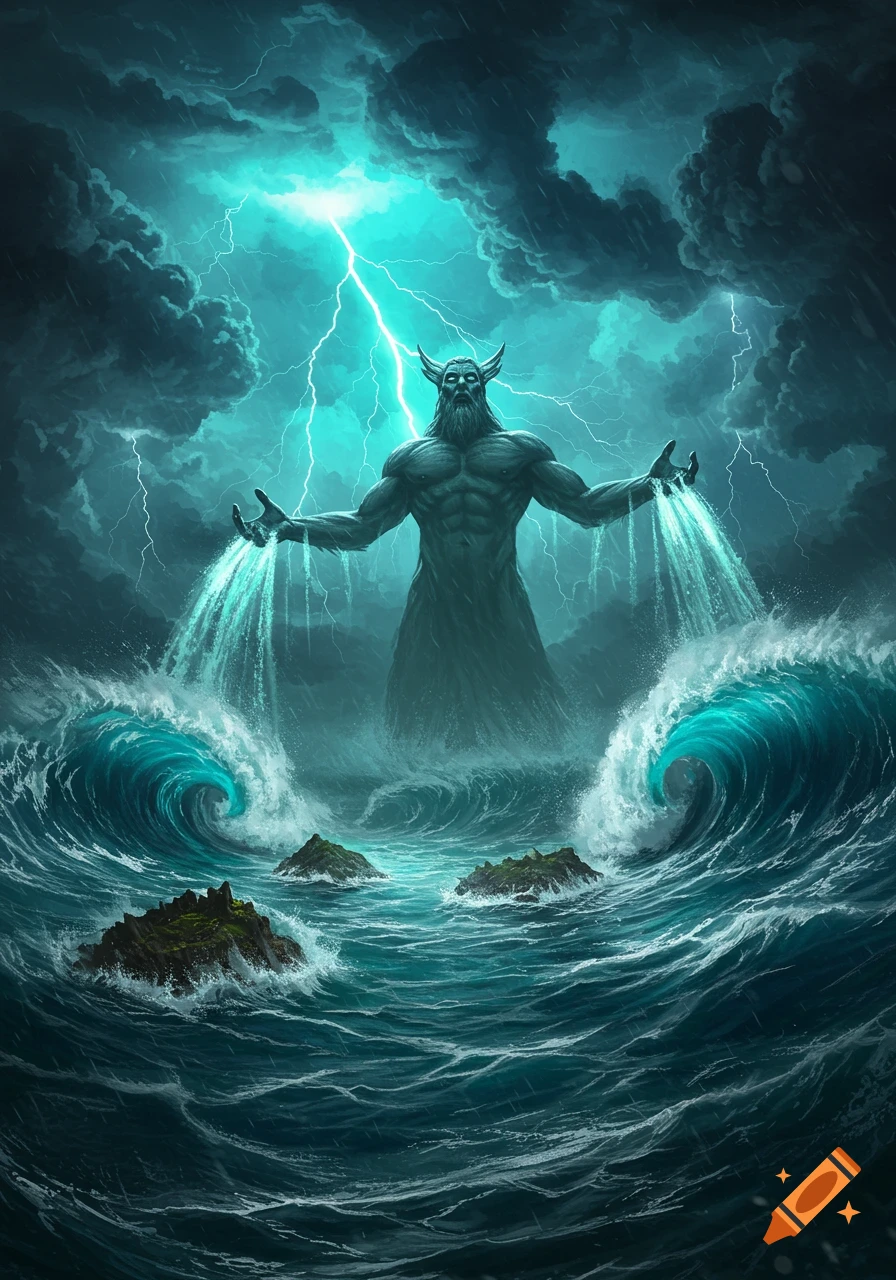 A powerful, muscular, horned god-like figure emerges from a stormy ocean, summoning massive waves and lightning, digital art.