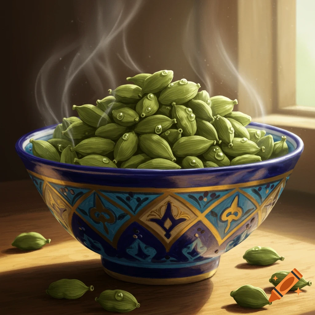 An ornate blue and gold bowl filled with green cardamom pods, showing water droplets and steam, on a wooden table near a window.