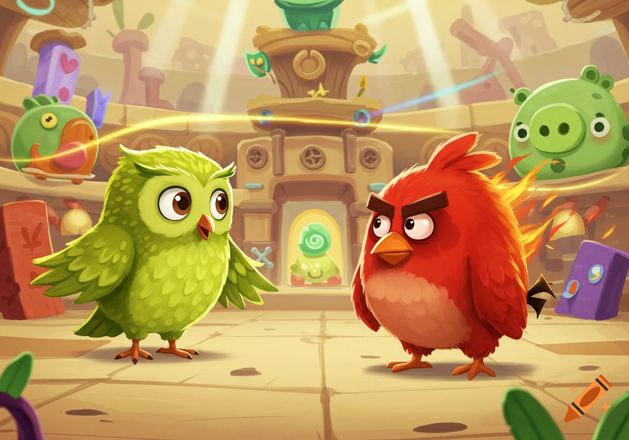 Duo the Duolingo owl faces off against Red from Angry Birds in a colorful cartoon arena, with other characters in the background.