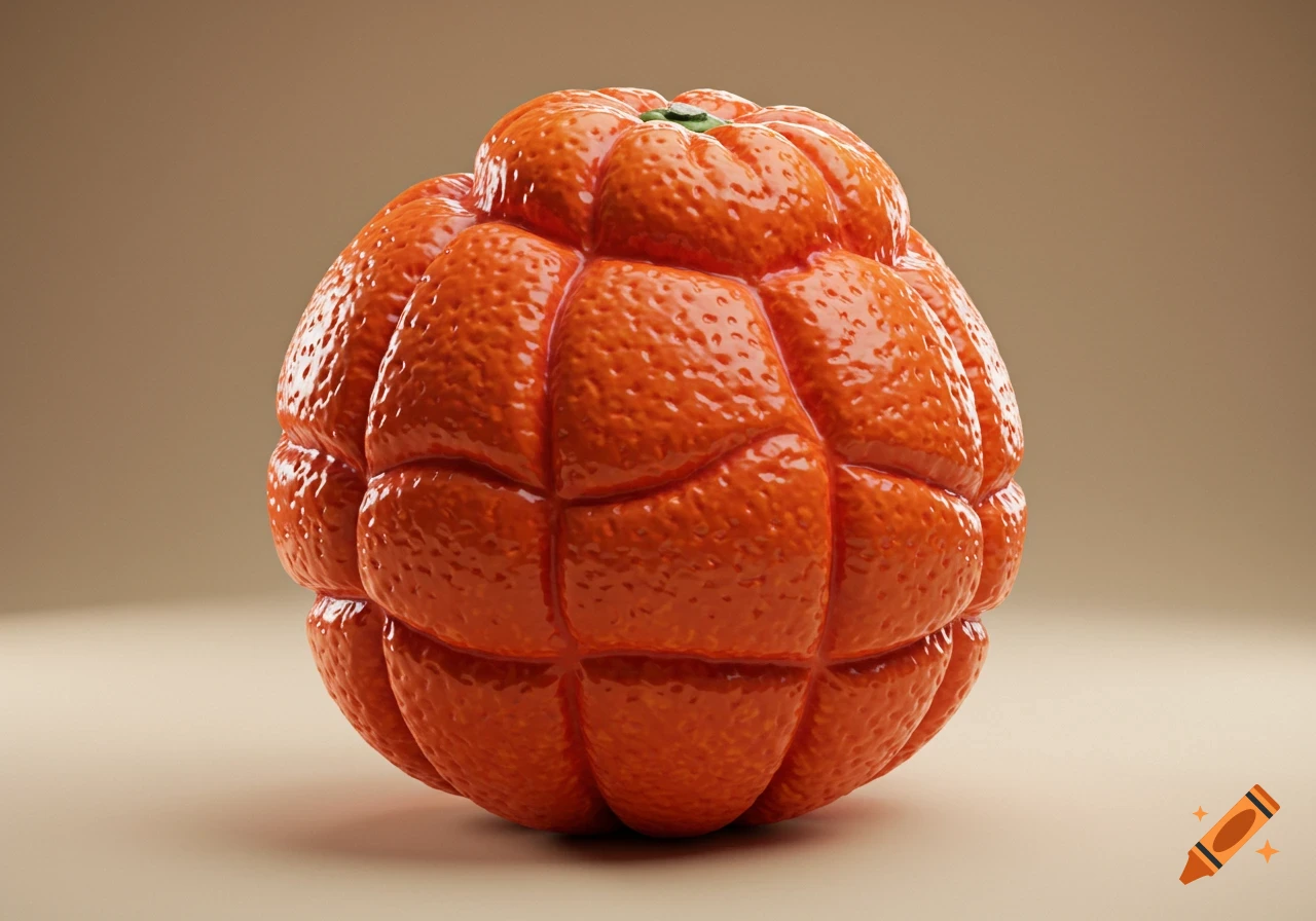 A bright, knobby, reddish-orange fruit resembling a grenade, with a shiny, textured surface against a neutral background.