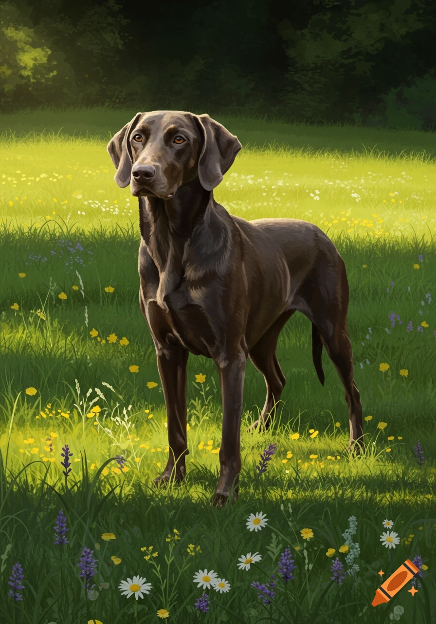 A brown Weimaraner-like dog with floppy ears stands in a sunlit field of green grass and wildflowers, painted in an artistic style.