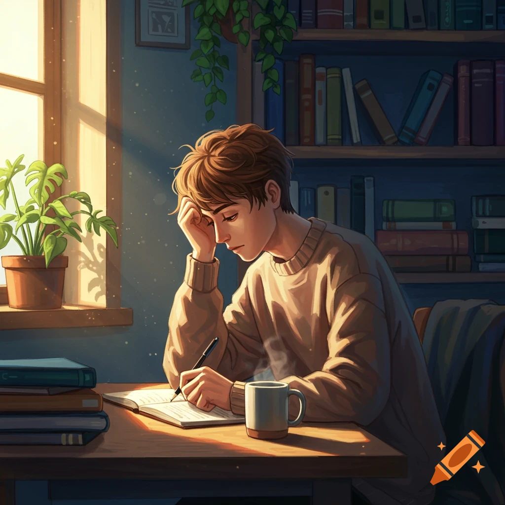 Anime-style illustration of a student with brown hair studying at a wooden desk by a sunlit window with plants and bookshelves.