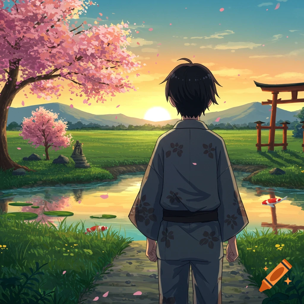 Anime boy in a kimono stands on a path, looking at a sunset over a Japanese landscape with cherry blossoms, a pond, and a torii gate.