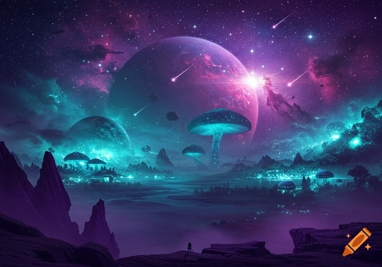 Vibrant alien landscape with glowing blue mushrooms, planets, shooting stars, and distant cities under a purple and teal nebula sky.