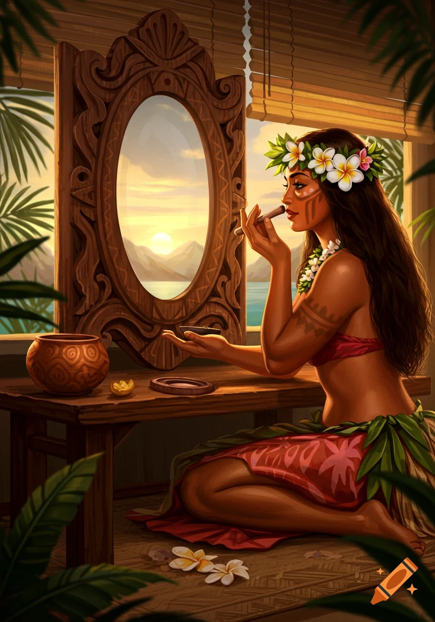 Digital illustration of a Polynesian woman in a flower crown and hula skirt, applying makeup at a wooden vanity with a tropical sunset in the mirror.