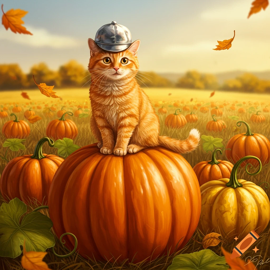An orange tabby cat wearing a silver cap sits on a large pumpkin in a sunny autumn field filled with pumpkins.