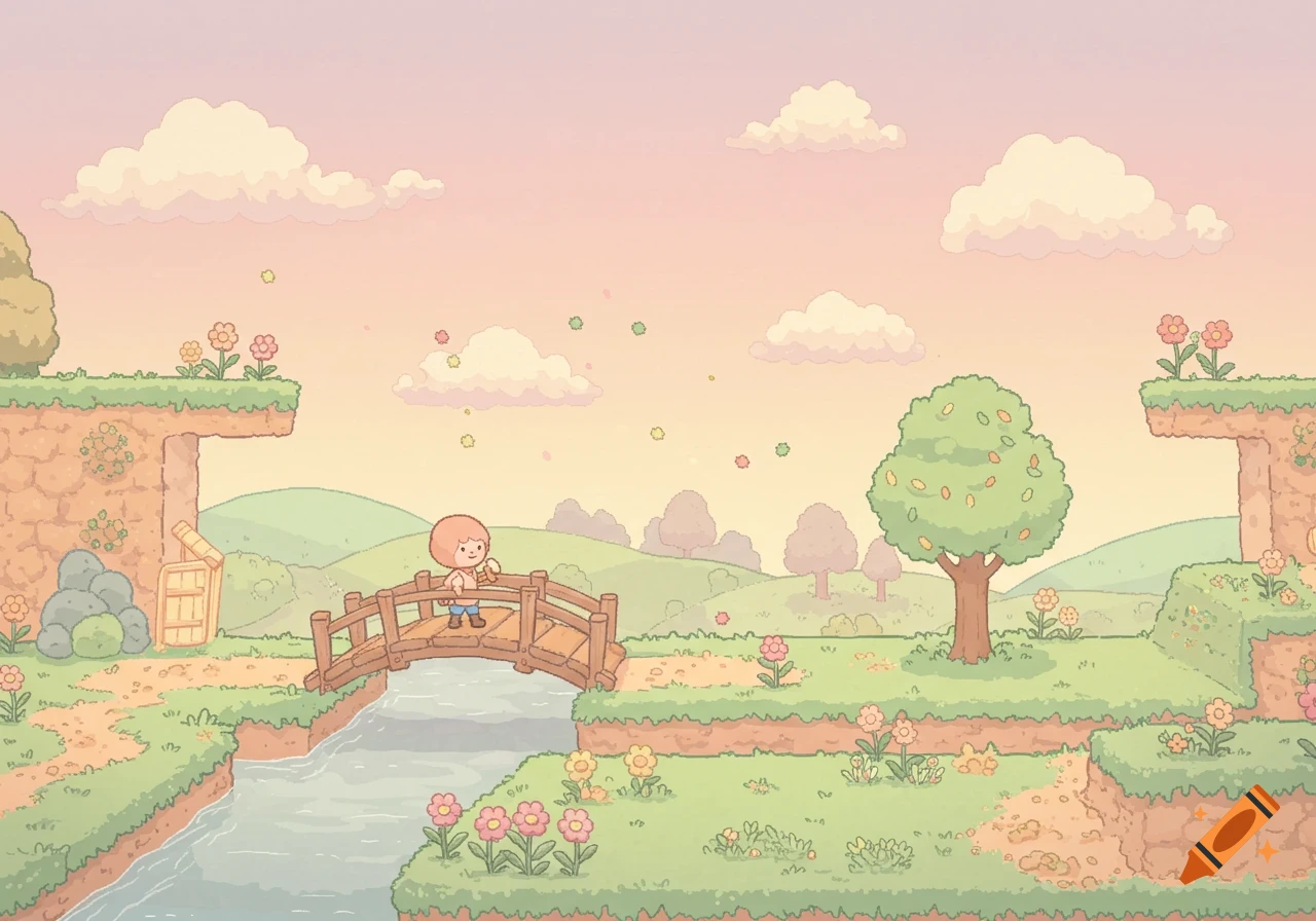 A cute cartoon character stands on a wooden bridge over a river in a pastel 2D game landscape with floating islands, trees, and flowers.