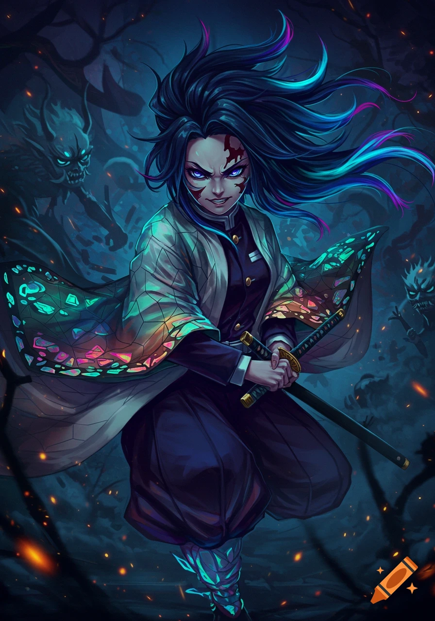 An aggressive anime-style woman with dark blue hair and neon highlights holds a katana in a dark fantasy setting with demons.