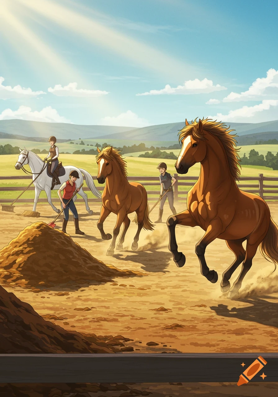 Sunny illustration of two brown horses in a paddock with three people. One rides a white horse while two others shovel near a pile of dirt.