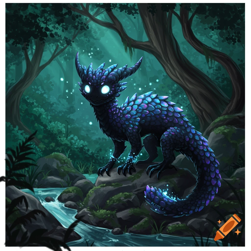 A cute, dark blue and purple scaly fantasy creature with glowing eyes stands on rocks by a stream in a magical forest. Digital art.