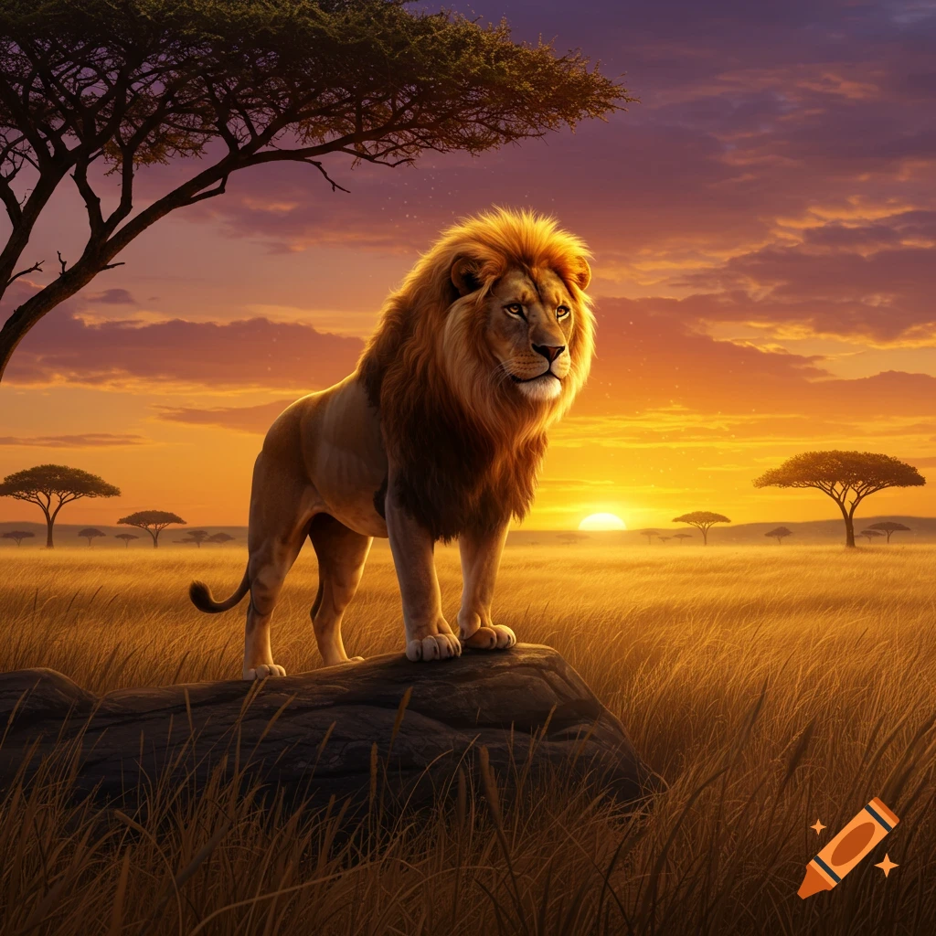 A majestic lion stands on a rock in a golden savanna at sunset, with acacia trees in the background.