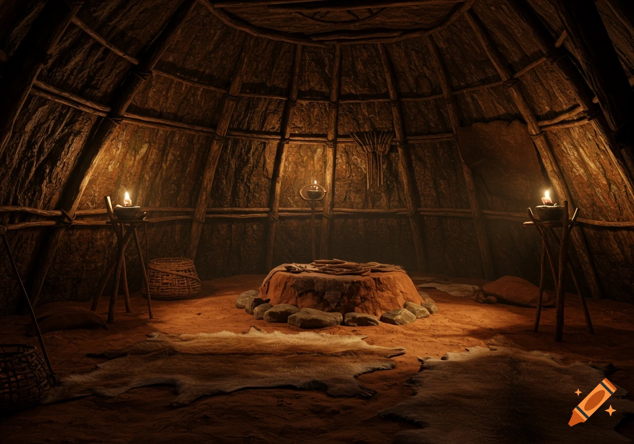 Interior of a warm, dimly lit prehistoric circular tent with bark walls, animal skins on the ground, a central raised platform, and stone oil lamps.