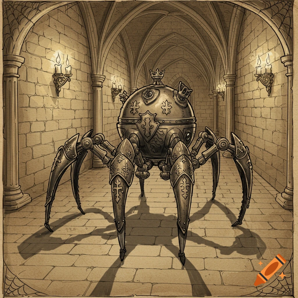 A sepia-toned medieval sketch of a crowned mechanical spider in a stone hallway with archways.