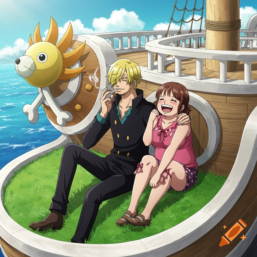 Anime illustration of Sanji smoking, sitting with a smiling woman on the grassy deck of The Thousand Sunny ship.