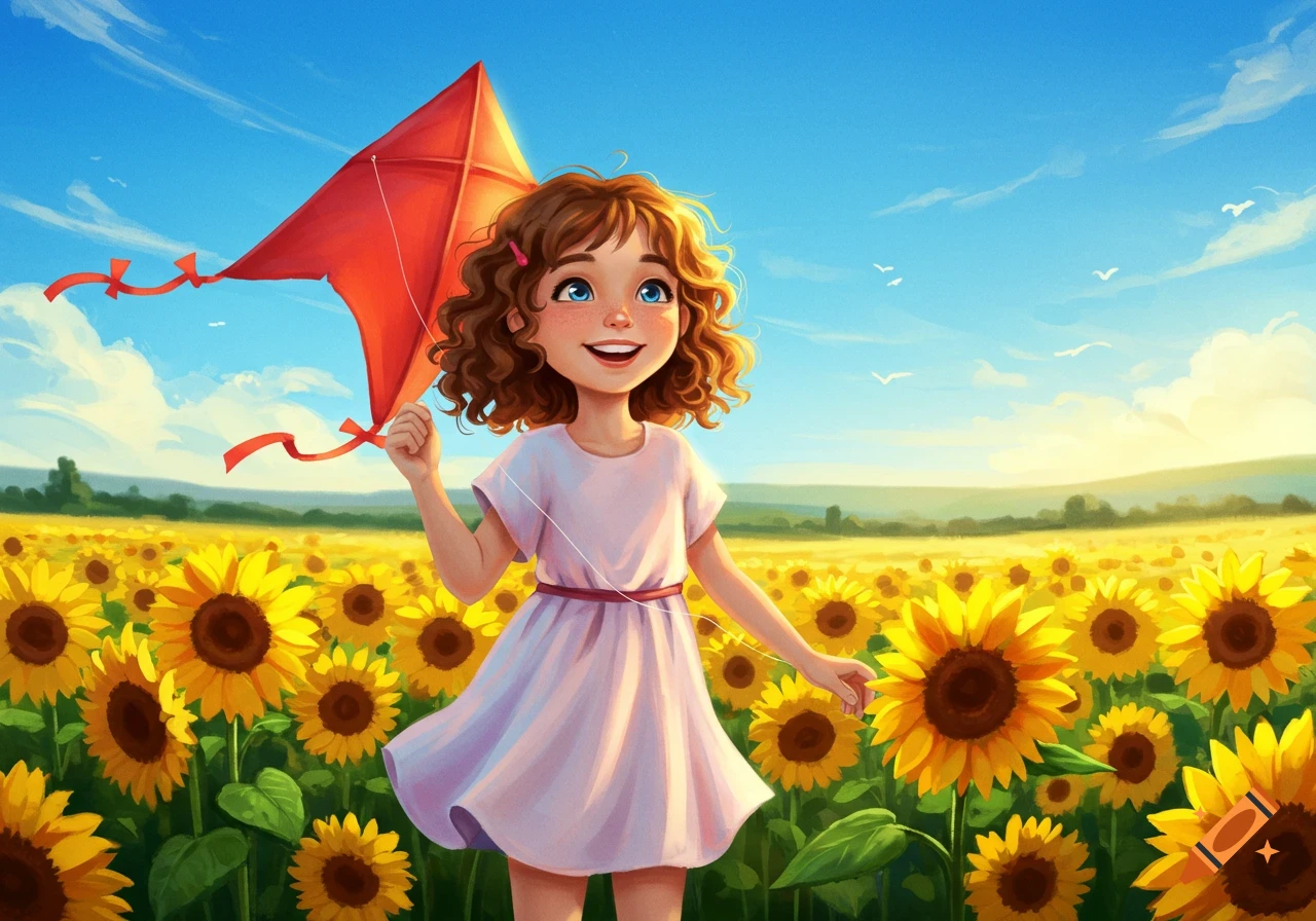A happy cartoon girl holds a red kite in a bright field of yellow sunflowers under a blue sky.