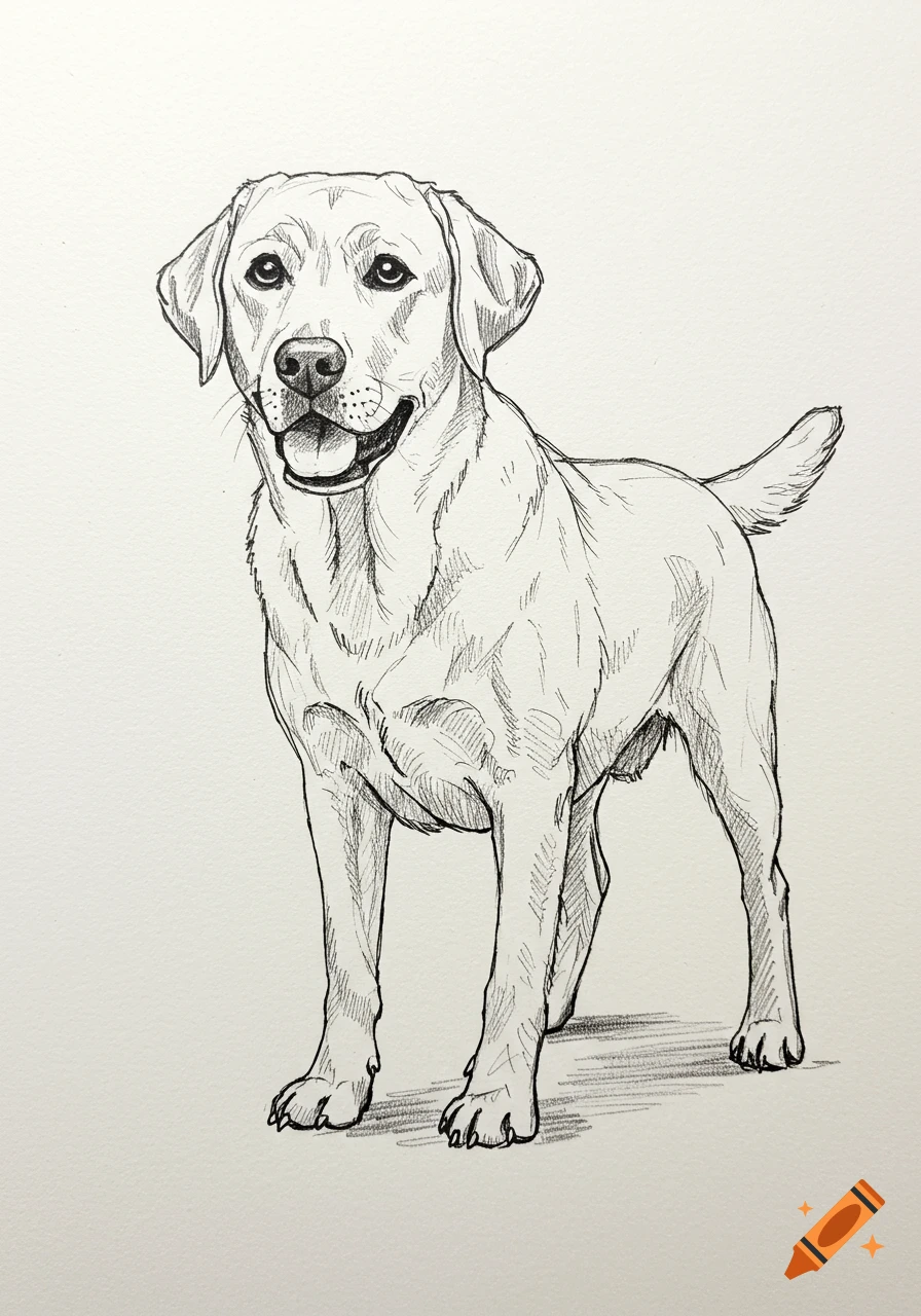 A full-body sketch of a friendly Labrador dog standing and looking forward.