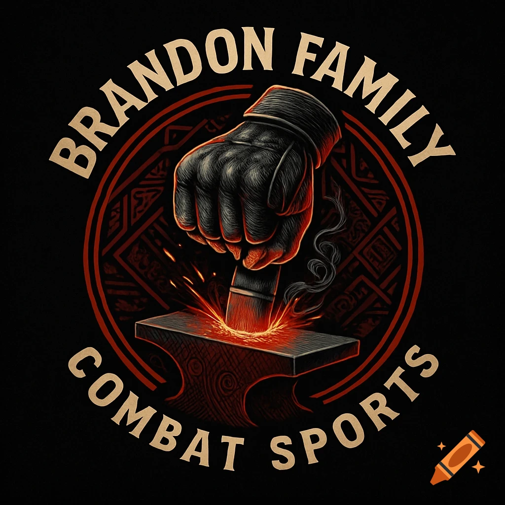 Logo for Brandon Family Combat Sports, featuring a stylized fist striking an anvil with sparks, framed by a patterned red circle.