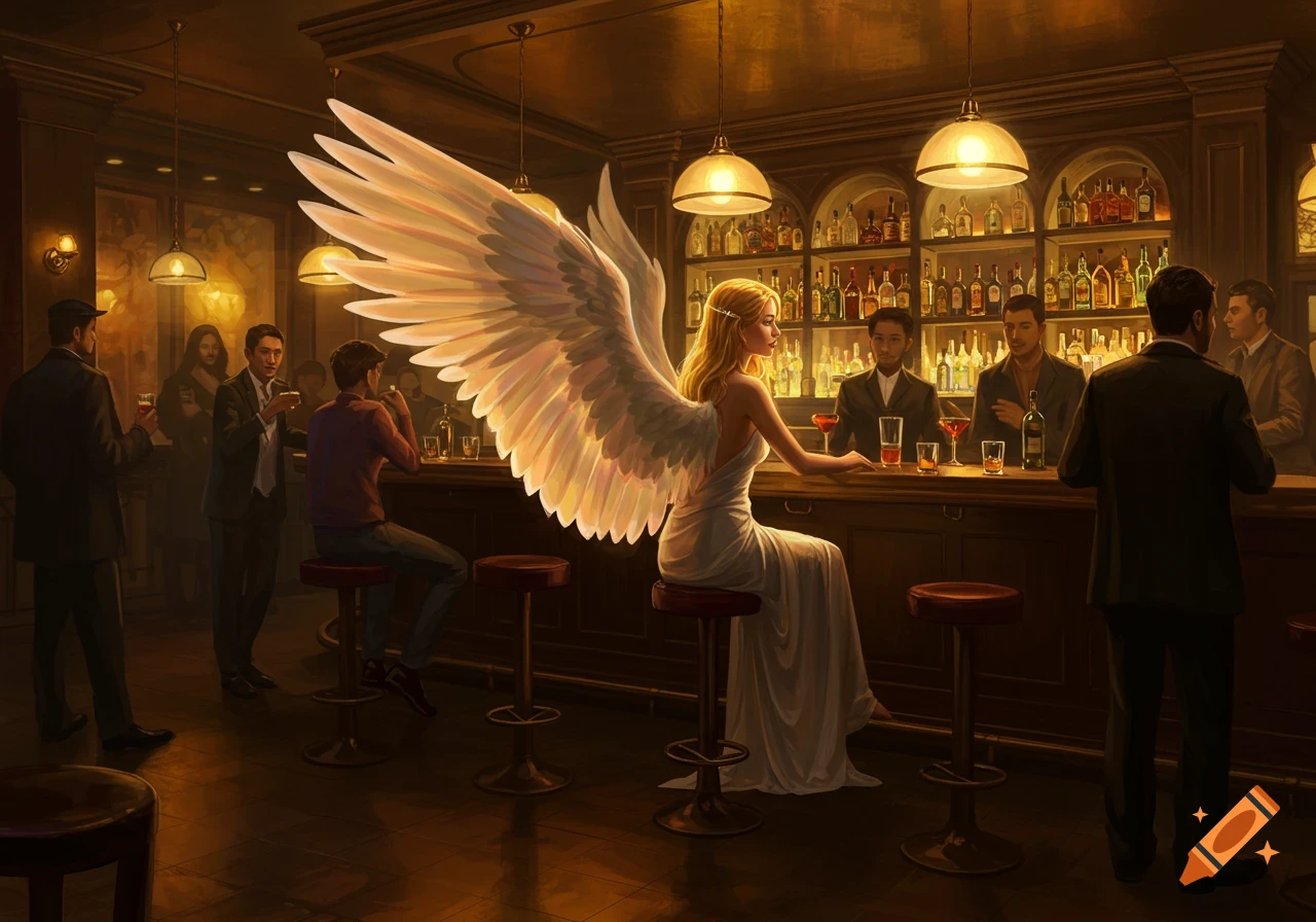 A blonde angel with large white wings sits at a crowded, dimly lit bar with patrons and bottles on shelves, digital art.