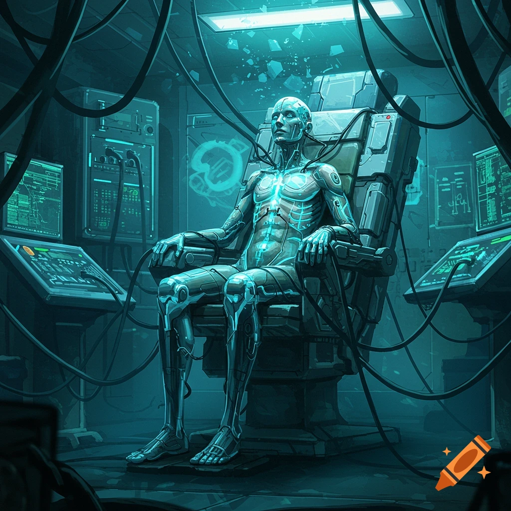 A glowing human-like test subject sits in a chair, hooked to computers in a dark, mysterious sci-fi lab.