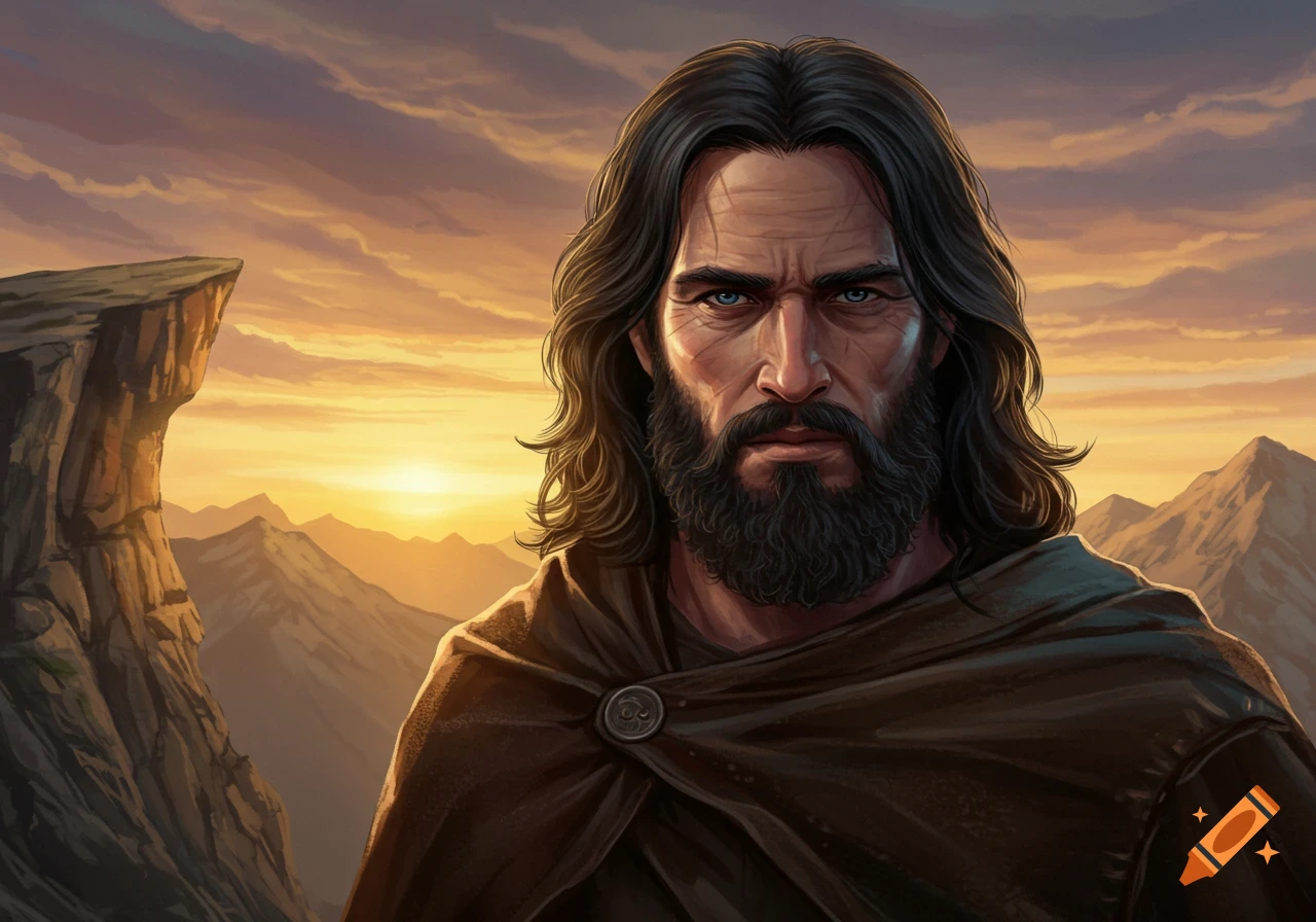 A rugged man with long black hair and beard looks intently forward, standing against a sunset mountain landscape.