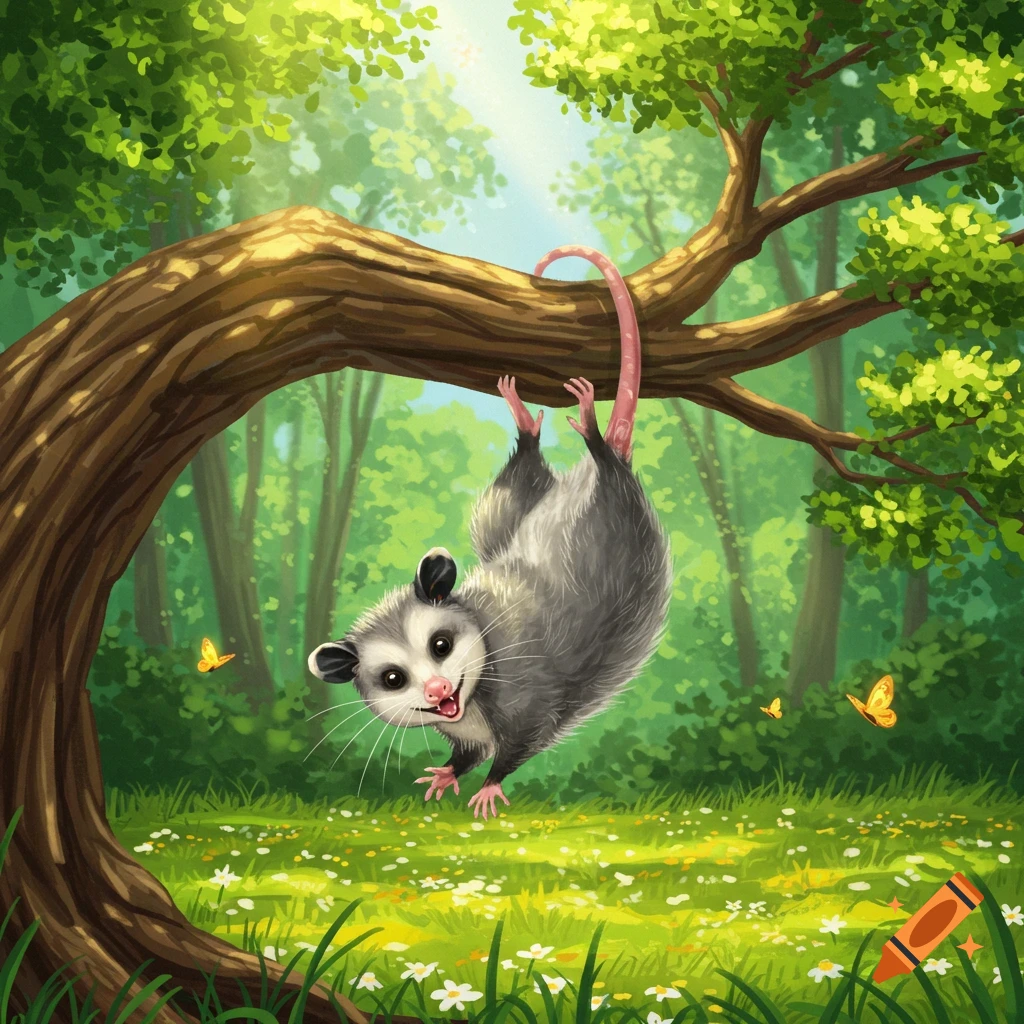 A cute possum hangs by its tail from a tree branch in a sunny, green forest clearing with flowers and butterflies, in an illustrative style.