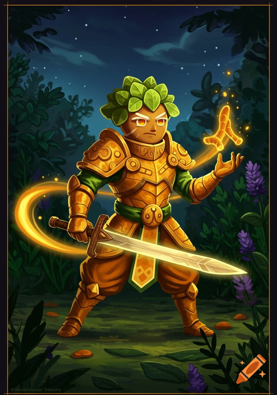 A cookie-run style character in golden armor with a leafy head stands in a dark forest, holding a glowing sword and emitting magic.
