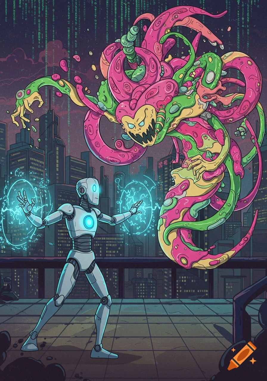 Cartoon robot with glowing hands fighting a vibrant, tentacled monster on a city rooftop with falling green code in the background.